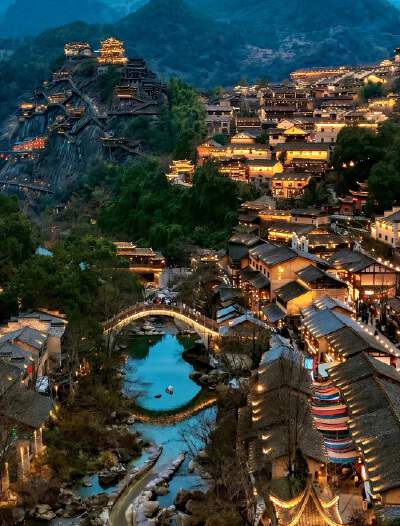 Cliffside Town Night View