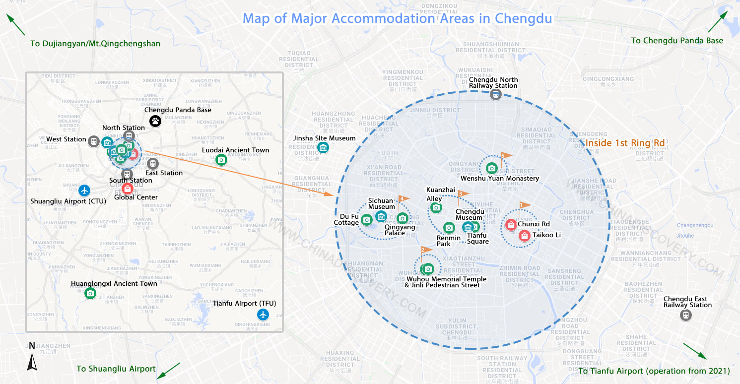 Map of Major Accommodation Areas in Chengdu